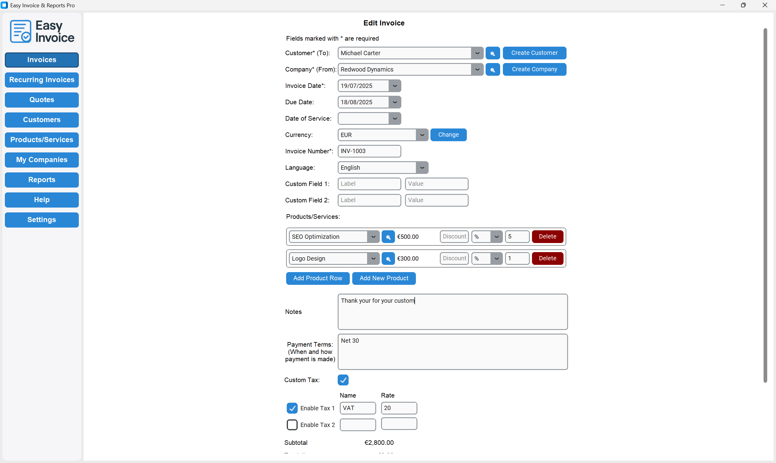 Edit Invoice application screenshot