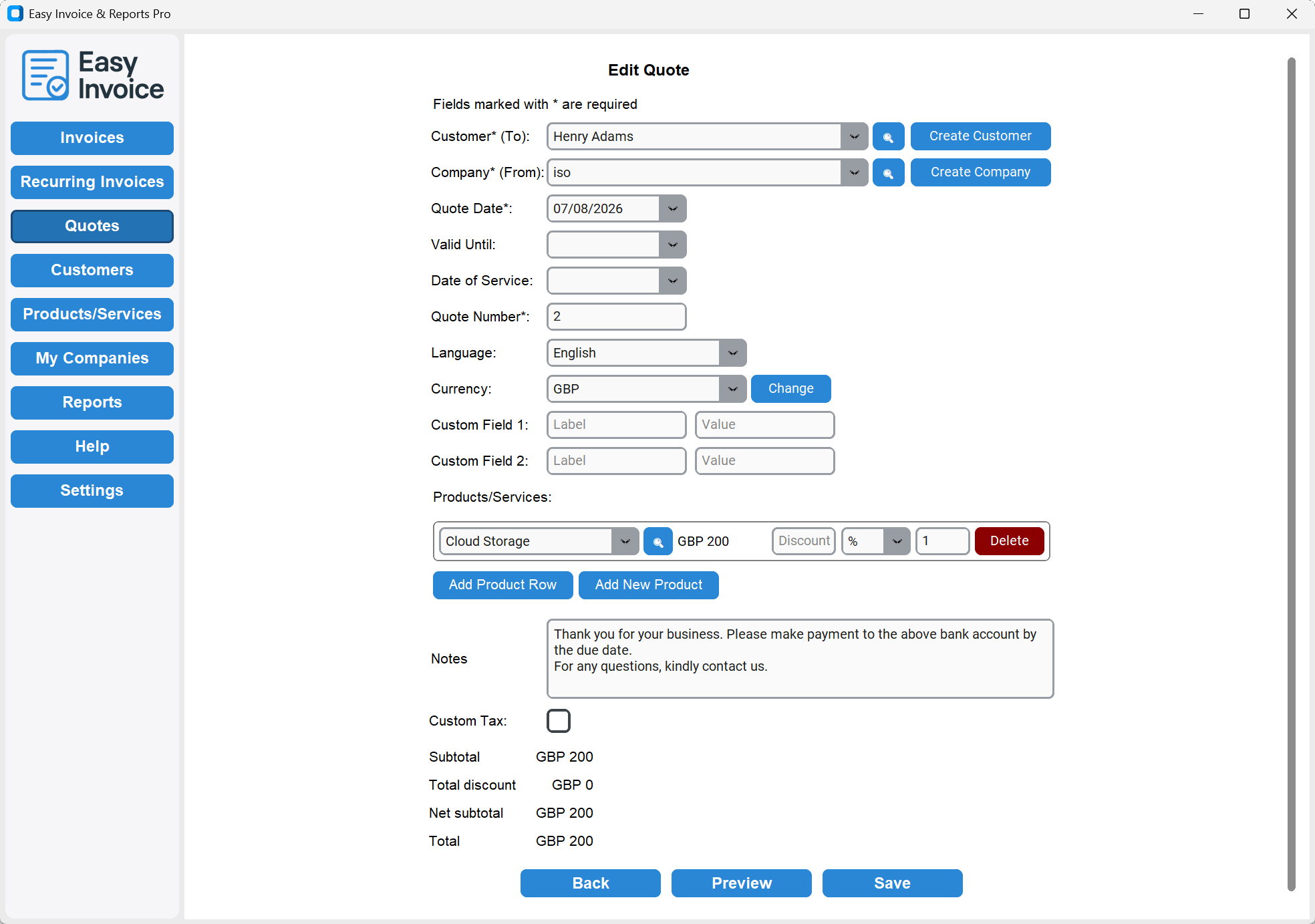 Edit Quote application screenshot