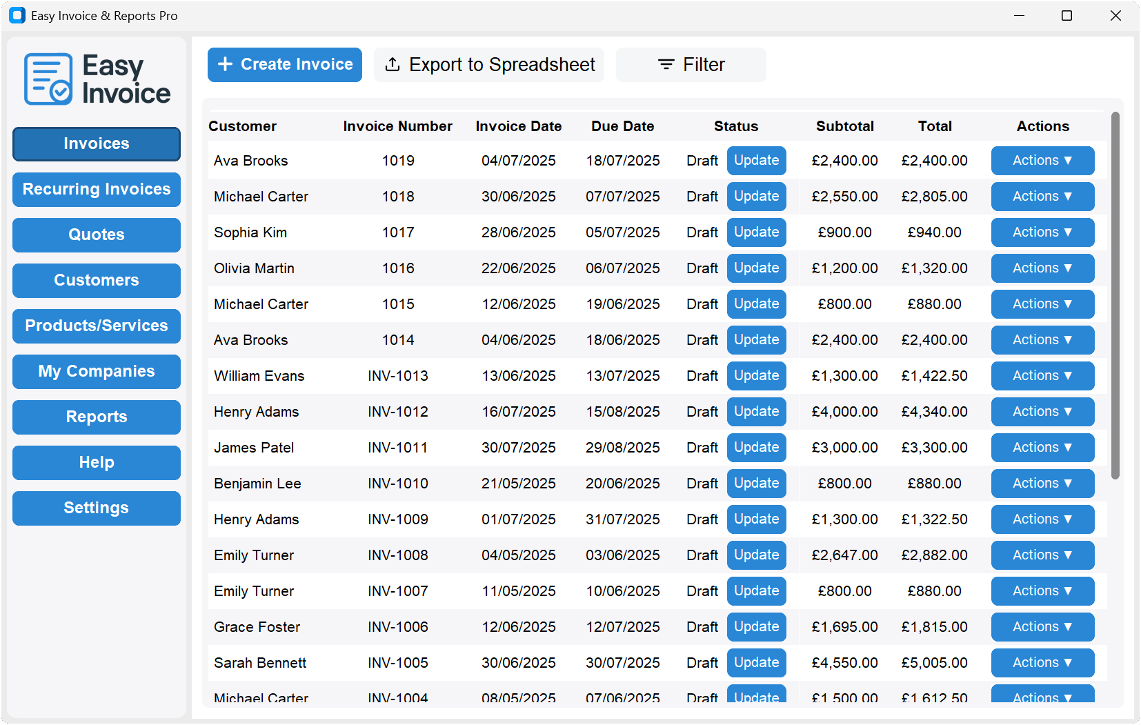 Invoice listing page