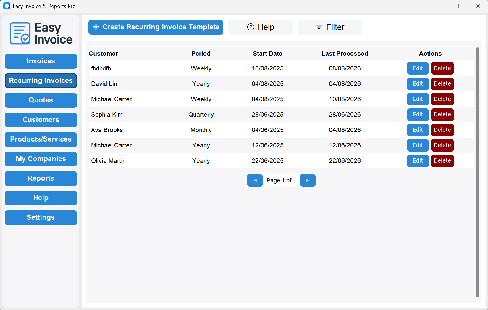 Recurring Invoices application screenshot