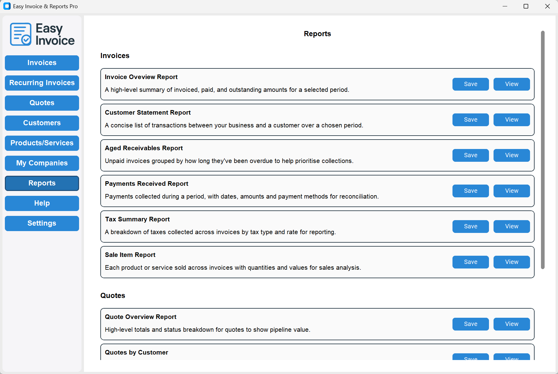 Reports application screenshot